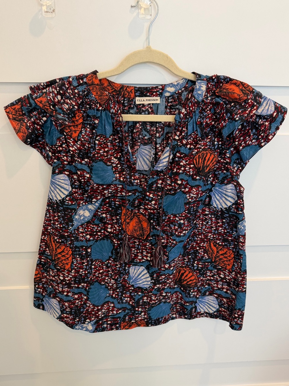 Ulla Johnson Shell-Print Short Sleeve Blouse in Blue & Red-Orange